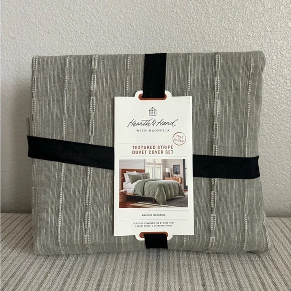 NWT 3pc Full/Queen Washed Loop Stripe Duvet Cover Set Sage Green - Hearth & Hand - Picture 1 of 6